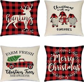 img 4 attached to 🎄 Ueerdand Christmas Pillow Covers Farmhouse Decorations Set of 4 Buffalo Plaid Cotton Linen Throw Cushion Covers 18 X 18 Inch