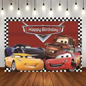 img 1 attached to 🏎️ Vibrant GYA Cartoon Racing Mobilization Backdrops: Perfect Birthday Party Photo Backgrounds with Racing Flag, Black-White Grid, and Red Themes