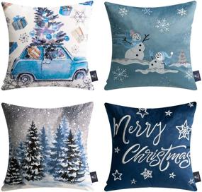 img 4 attached to 🌟 Phantoscope Set of 4 Merry Christmas Velvet Throw Pillow Covers - Snowman, Star, Snowflake, Tree Print & Embroidery - Blue - 18x18 inches (45x45 cm)