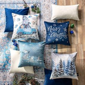 img 2 attached to 🌟 Phantoscope Set of 4 Merry Christmas Velvet Throw Pillow Covers - Snowman, Star, Snowflake, Tree Print & Embroidery - Blue - 18x18 inches (45x45 cm)