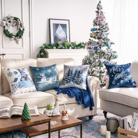 img 3 attached to 🌟 Phantoscope Set of 4 Merry Christmas Velvet Throw Pillow Covers - Snowman, Star, Snowflake, Tree Print & Embroidery - Blue - 18x18 inches (45x45 cm)