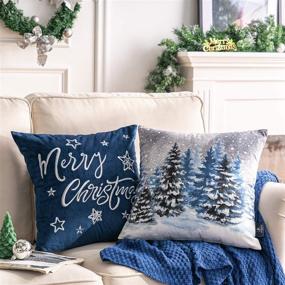 img 1 attached to 🌟 Phantoscope Set of 4 Merry Christmas Velvet Throw Pillow Covers - Snowman, Star, Snowflake, Tree Print & Embroidery - Blue - 18x18 inches (45x45 cm)