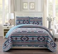 rustic western southwestern native american quilt set - beige taupe brown turquoise navy blue colors - san antonio bedspread set (twin) logo