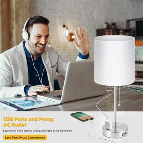 img 3 attached to USB Bedside Table Lamp Set of 2 with Pull Chain, 2700K-5000K Nightstand Lamp, Convenient USB Port & AC Outlet, Includes 2 Bulbs, White Shade, Perfect for Bedrooms and Living Rooms - Nickel Finish