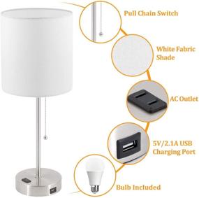 img 1 attached to USB Bedside Table Lamp Set of 2 with Pull Chain, 2700K-5000K Nightstand Lamp, Convenient USB Port & AC Outlet, Includes 2 Bulbs, White Shade, Perfect for Bedrooms and Living Rooms - Nickel Finish