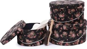 img 1 attached to Large Handmade 3-Piece Round Canvas Hat Box Set - Sleeparakeet, with Formed Lid, Brush inside, Floral Pattern (Black Denim Flower)