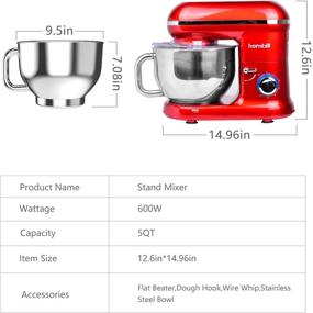 img 3 attached to 🍲 Hornbill Tilt-head Stand Mixer: 600W 6-Speed Electric Mixer with 5-Quart Stainless Steel Bowl - Professional Kitchen Mixer with Dough Hook, Whisk, Beater