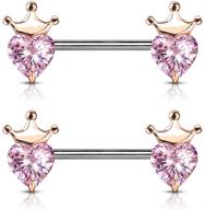 cz crystal heart nipple barbells 👑 with crown design - sold as a pair logo