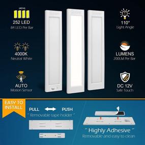 img 2 attached to 💡 Motion Sensor LED Under Cabinet Lighting, Plug-in Light Bar with 252 LED Chips for Kitchen, Cupboard, Shelf, Closet, 3 Bars, 11.8 inch, Neutral White 4000K