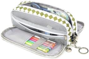 img 1 attached to 📚 HERRIAT Large Pencil Pouch with Keychain: Durable Canvas Bag for Teens, High School Students, and Office Supplies - Green Grid Design, 3 Compartments