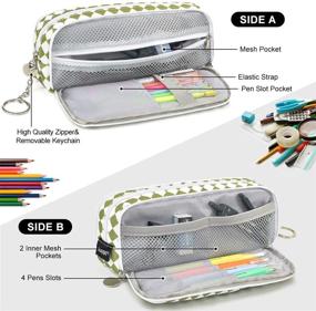 img 2 attached to 📚 HERRIAT Large Pencil Pouch with Keychain: Durable Canvas Bag for Teens, High School Students, and Office Supplies - Green Grid Design, 3 Compartments