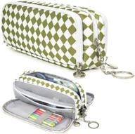 📚 herriat large pencil pouch with keychain: durable canvas bag for teens, high school students, and office supplies - green grid design, 3 compartments logo