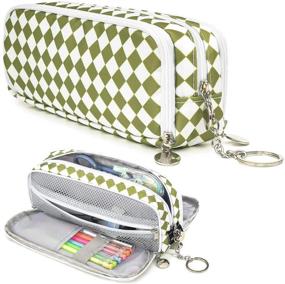 img 4 attached to 📚 HERRIAT Large Pencil Pouch with Keychain: Durable Canvas Bag for Teens, High School Students, and Office Supplies - Green Grid Design, 3 Compartments