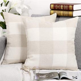 img 2 attached to 🔲 Honbeanify Set of 2 Buffalo Check Plaid Throw Pillow Covers - Farmhouse Retro Checkers Plaids, Soft Cotton Linen in Cream and White for Sofa, Bedroom, Car - 18 x 18 Inch