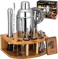 bar tools set with stand - complete cocktail shaker kit for home and bar: 24oz martini shaker, muddler, jigger, strainer, mixer spoon, tongs, corkscrew, 2 liquor pourers, recipe cards logo