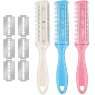 🔪 3-piece razor comb set with 10 razor blades - hair cutter comb cutting scissors - double edge razor - slim haircuts thinning comb tool (white, pink, blue) logo