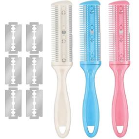 img 4 attached to 🔪 3-Piece Razor Comb Set with 10 Razor Blades - Hair Cutter Comb Cutting Scissors - Double Edge Razor - Slim Haircuts Thinning Comb Tool (White, Pink, Blue)