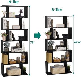 img 1 attached to 📚 Tall Black 6-Tier Wooden Bookcase by TinyTimes - S-Shape Display Shelf, Room Divider & Freestanding Decorative Storage Shelving, 75'' Tall Bookshelf