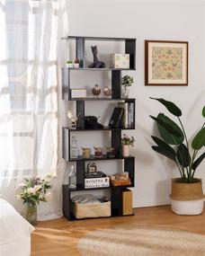 img 2 attached to 📚 Tall Black 6-Tier Wooden Bookcase by TinyTimes - S-Shape Display Shelf, Room Divider & Freestanding Decorative Storage Shelving, 75'' Tall Bookshelf