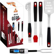 🔥 premium bbq grill tools set: thermometer & 4 stainless steel accessories – 5-piece set with tongs, spatula, fork, basting brush, and digital read logo