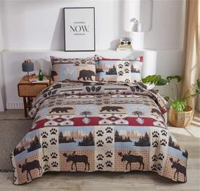 img 3 attached to 🏞️ Rustic Cabin Moose Bear Bedspread King Size with Forest Pine Tree Leaves Design - All Season Country Patchwork Quilt Set, Coverlet + Pillowshams
