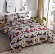 🏞️ rustic cabin moose bear bedspread king size with forest pine tree leaves design - all season country patchwork quilt set, coverlet + pillowshams logo