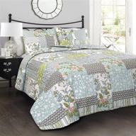 🌸 lush decor blue roesser quilt: patchwork floral king bedding set with reversible print pattern, country farmhouse style - 3 piece logo