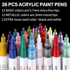 img 1 attached to 26-Pack Acrylic Paint Pens Markers Set with 12 Metallic Glitter Colors - Ideal for Rock Painting, Ceramic, Glass, Wood, Canvas, DIY Craft & More! Fine Tip + Medium Tip, Water Based & Quick Dry