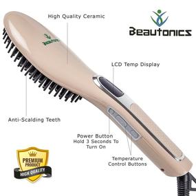 img 3 attached to Beautonics Advanced Hair Straightening Brush - 2017 Edition - Safest Anti-Scald, Anti-Static Protection - Most Efficient and Quick Heating, Styling - Ionic - Ceramic - Detangling Brush Straightener– Gold