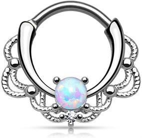 img 2 attached to Stainless Steel Lacey Synthetic Single Opal Septum Clicker Ring - Pierced Owl 16GA