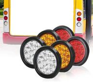 🟠 set of 6 round led tail lights with rubber grommet - 4 inch, 2 amber, 2 red, 2 white, 12/24v, 16-led, waterproof brake, stop, turn, tail marker light for rv trucks trailer logo