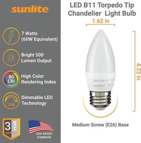 img 3 attached to Sunlite 80473-SU LED Torpedo Tip B11 Chandelier Light Bulb, 7W (60W Equiv.), 500 Lumens, E26 Base, Dimmable