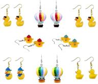 🎀 funky and playful earring set: gummy duck water bottle, tea kettle, and hot air balloon dangle earrings for women and girls logo