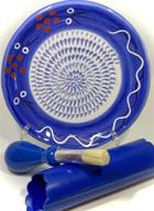 🧄 boncera premium ceramic garlic grater set - handmade blue stoneware design - grating plate, garlic peeler, gathering brush, display stand - also suitable for turmeric, ginger, and more logo