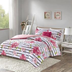 img 4 attached to 🌸 Comfort Spaces Zoe Comforter Set - Full/Queen Size Pink Bedding with Floral & Striped Print, Includes Faux Long Fur Decorative Pillow - 4 Piece Set