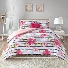img 3 attached to 🌸 Comfort Spaces Zoe Comforter Set - Full/Queen Size Pink Bedding with Floral & Striped Print, Includes Faux Long Fur Decorative Pillow - 4 Piece Set
