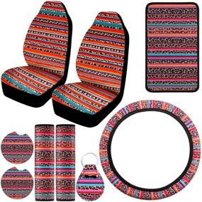 img 4 attached to 🚗 Complete Car Interior Set: Boao 9-Piece Leopard Steering Wheel Cover, Front Seat Cover, Console Armrest Pad, Shoulder Pads, Coasters & Keychain - Enhance Style & Comfort!
