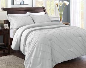 img 4 attached to Ultra Soft Cozy Microfiber 3 Piece Comforter Set - Elegant Box Pattern Comforter in Pale Stone for Queen Bedding