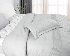 img 1 attached to Ultra Soft Cozy Microfiber 3 Piece Comforter Set - Elegant Box Pattern Comforter in Pale Stone for Queen Bedding