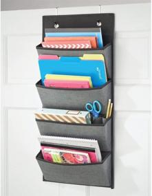 img 3 attached to 📚 mDesign Soft Fabric Wall Mount/Over Door Hanging Storage Organizer - 4 Large Cascading Pockets - Office Supplies, Planners, File Folders, Notebooks Holder - Textured Print - Charcoal Gray/Black