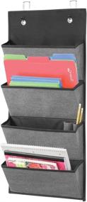 img 4 attached to 📚 mDesign Soft Fabric Wall Mount/Over Door Hanging Storage Organizer - 4 Large Cascading Pockets - Office Supplies, Planners, File Folders, Notebooks Holder - Textured Print - Charcoal Gray/Black