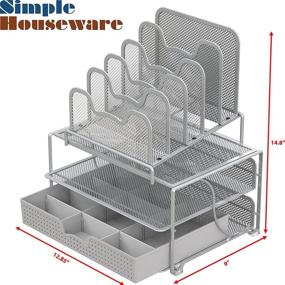 img 1 attached to Silver Mesh Desk Organizer with Sliding Drawer, 🗄️ Double Tray, and 5 Stacking Sorter Sections by SimpleHouseware