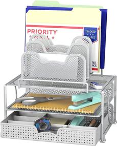 img 4 attached to Silver Mesh Desk Organizer with Sliding Drawer, 🗄️ Double Tray, and 5 Stacking Sorter Sections by SimpleHouseware