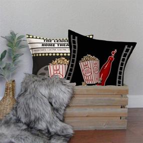 img 2 attached to 🎥 Gulidi Movie Theater Throw Pillow Covers Set of 4 - Cotton Linen Vintage Cinema Ticket, Fresh Popcorn, Cola & Filmstrip Pattern - Home Decor Family Theater Pillow Case - 18x18 Inches Square Pillowcases for Sofa