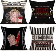 🎥 gulidi movie theater throw pillow covers set of 4 - cotton linen vintage cinema ticket, fresh popcorn, cola & filmstrip pattern - home decor family theater pillow case - 18x18 inches square pillowcases for sofa логотип