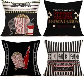 img 4 attached to 🎥 Gulidi Movie Theater Throw Pillow Covers Set of 4 - Cotton Linen Vintage Cinema Ticket, Fresh Popcorn, Cola & Filmstrip Pattern - Home Decor Family Theater Pillow Case - 18x18 Inches Square Pillowcases for Sofa