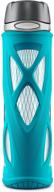 zulu atlas glass water bottle review: 20 oz teal bottle with silicone sleeve logo