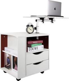 img 4 attached to DANSION White Bedside Table Workstation with Adjustable 🛏️ Swivel Tilt, Drawers, Magazine Holder, and Laptop Cart on Wheels