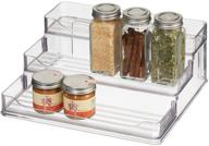 mdesign 3 tier plastic spice and food pantry shelf organizer - stylish compact caddy rack for convenient storage of spices, jars, and herb bottles in cupboards, shelves, or refrigerator - clear logo