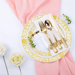 img 1 attached to 🍽️ HomyBasic 190 Pcs Gold Disposable Plastic Plates & Silverware Set for 25 - Fancy Dinnerware Sets, Cups & Paper Napkins. 30 Pcs for Forks, Spoons, Knives, Ideal for Wedding, Birthday, Dinner Party